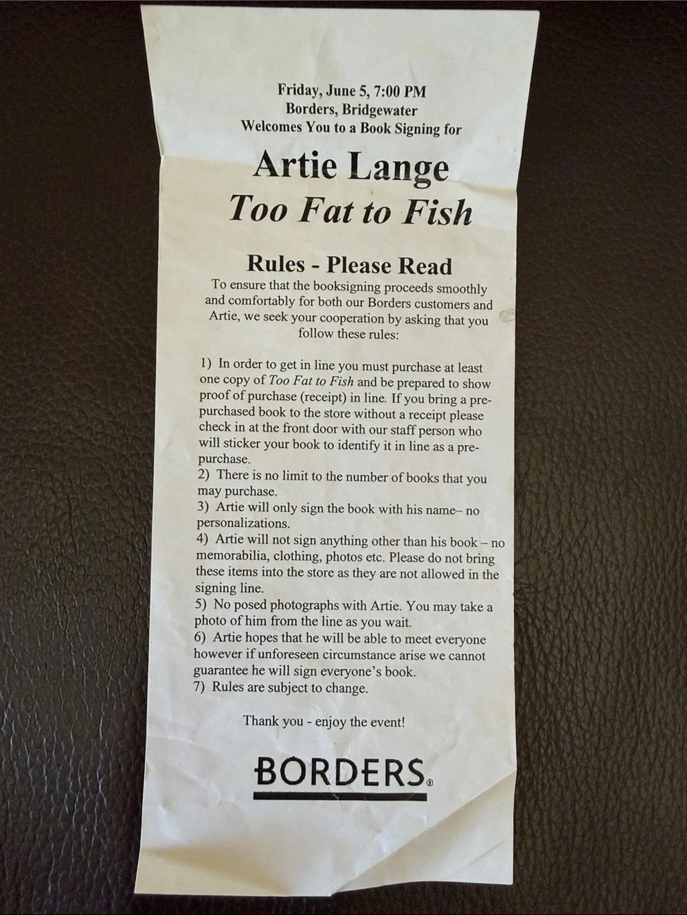 “Too Fat to Fish” Autobiography Signed & Written by Comedian Artie Lange